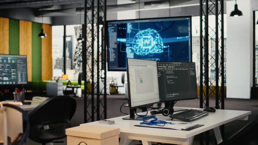Computer monitors in empty startup workspace with cloud computing AI resources. PC screens in modern office constructing neural network algorithms using programming languages