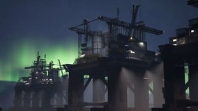 Massive industrial drilling platforms extracting petroleum from deep sea reserves beneath aurora sky. Maritime energy production facility ship in international waters under green lights at night - Powered by Shutterstock - Get 15% off with code: PIKWIZARD15