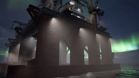 Drilling oil ship at sea ready for fossil fuel extraction under night sky aurora. Industrial drilling platform under northern lights tapping gas deposits from deep ocean reserves to supply energy - Powered by Shutterstock - Get 15% off with code: PIKWIZARD15