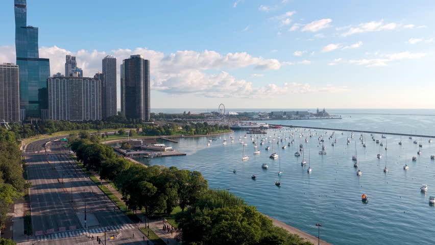 Aerial view over boats moored at the Monroe and DuSable Harbor, summer in Chicago