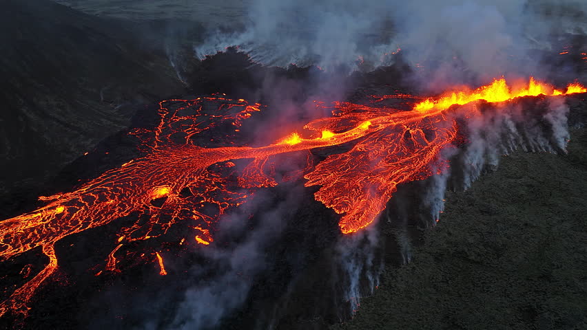 Eruption of an Active Volcano With Lava Flow from Crater