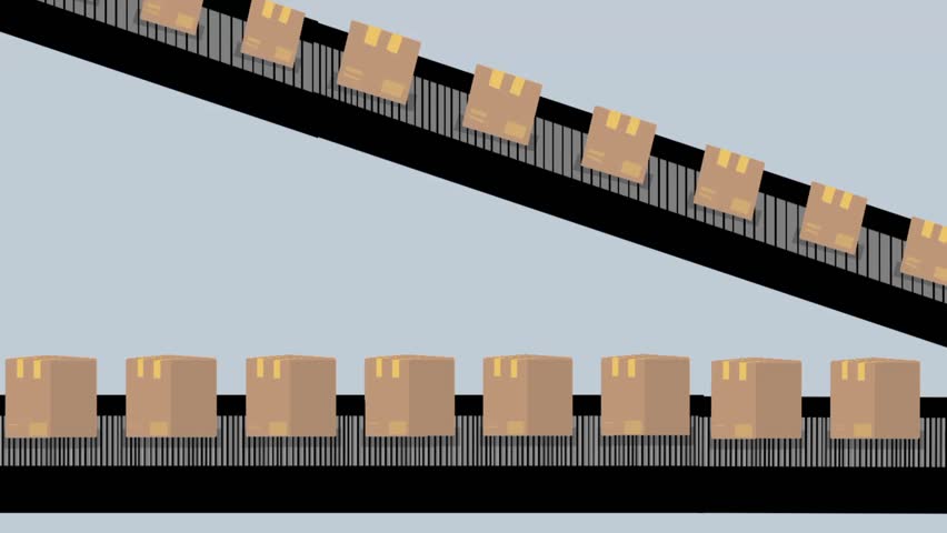 Animated cardboard boxes traveling on a zigzag conveyor belt. Smooth industrial production flow in a dynamic manufacturing scene.