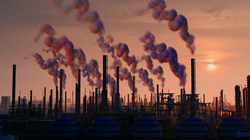 Factory chimneys emit exhaust gases that pollute the air