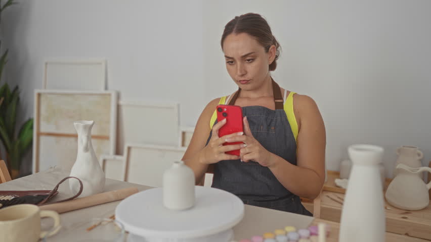 Woman holding red smartphone and touching clay on pottery wheel in studio; concentration creativity craft.