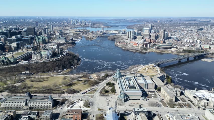 Aerial view of the capital Parliament under renovation the skyline of downtown Ottawa.