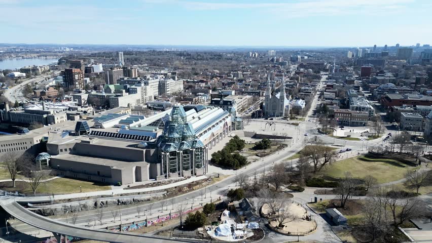 Aerial view of the capital Parliament under renovation the skyline of downtown Ottawa.