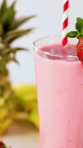 Pink smoothie in glass with strawberry, banana, pineapple, raspberries, bright lighting, slow camera pan