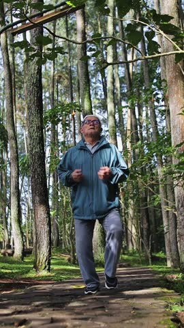 Active senior asian man jogging on forest path embracing healthy lifestyle and outdoor adventure