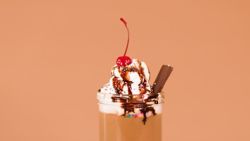 A hand places striped straw into chocolate milkshake topped with whipped cream, cherry, sprinkles