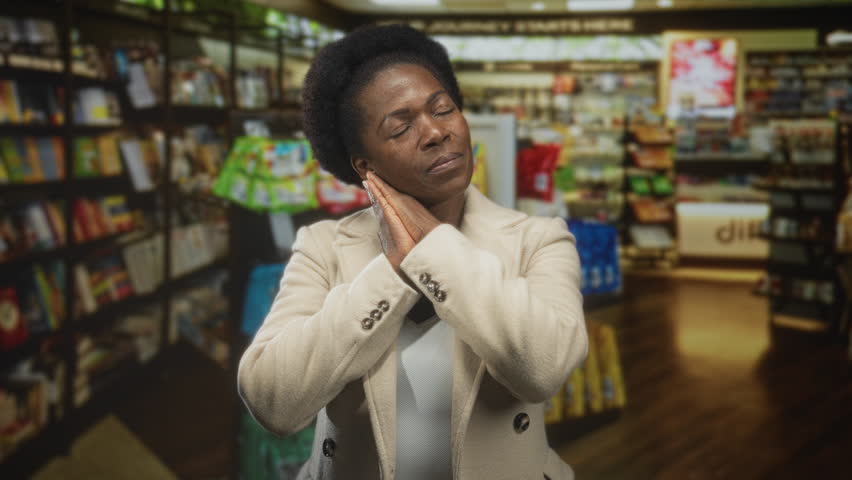 Woman with hands clasped to cheek and eyes closed amid bookstore shelves in a building; serenity rest.