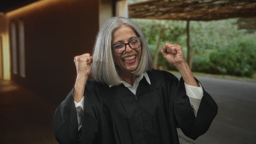 Woman judge in black robe smiling with fists clenched, grey haired and glasses, standing inside a building; joy pride achievement.