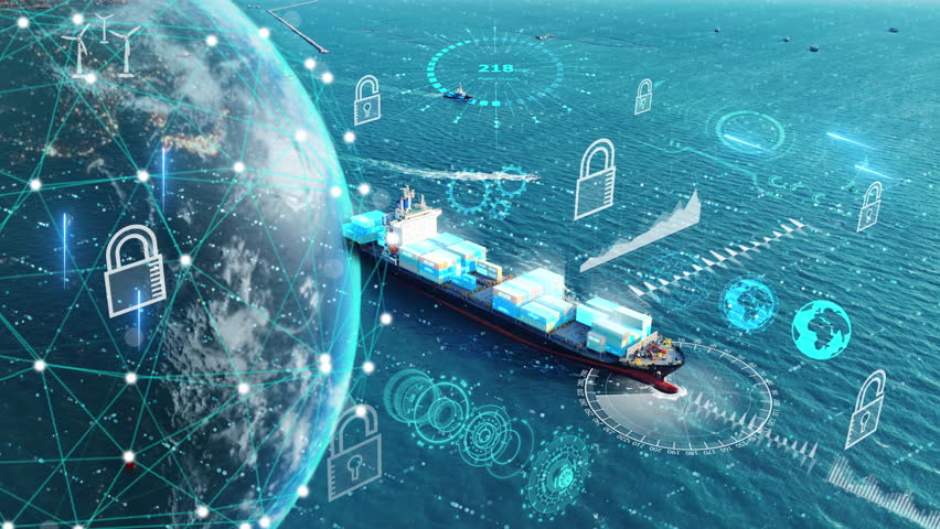 Future Supply Chain cyber security container smart port. Ocean Carriers, marine cargo ship AI technology logistics tracking digital automation freight networks. Big Data risk industry transportation.