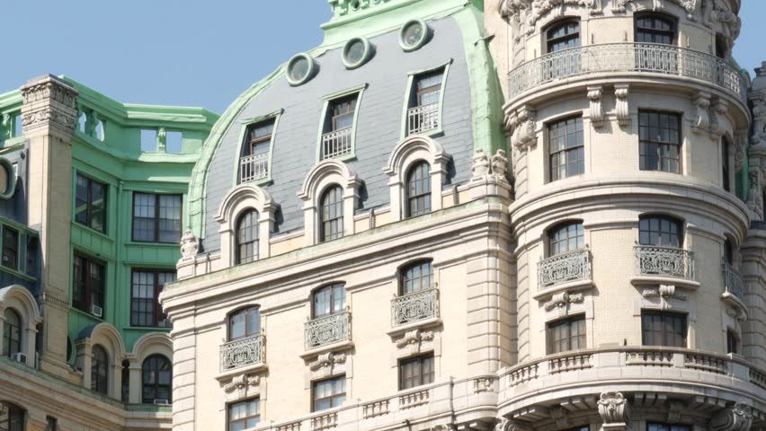 New York City Manhattan Broadway street Ansonia building 1904, United States of America. Hotel or condos in Upper West Side. Old historic condominiums architecture, green cooper patina on roof in USA.