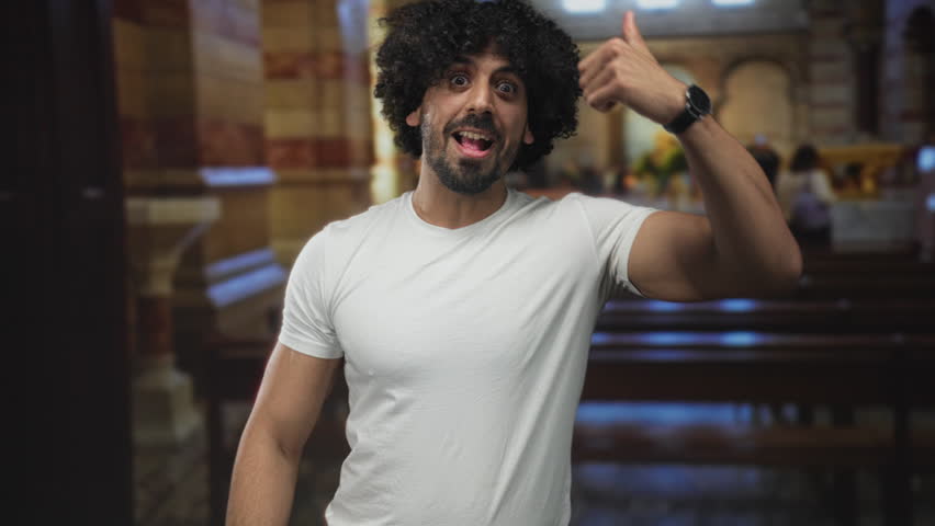 Man smiling and giving double thumbs up while showing bare biceps inside a church building with pews and altar visible; joy faith.