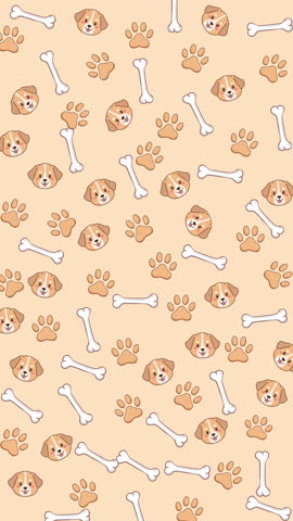 Repeating dog motifs of faces, paw prints, and bone shapes on a vertical background. Ideal for pet-related designs like packaging, stationery, fabrics, and merchandise.
