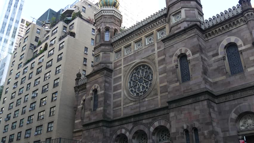 New York Central Synagogue historic building 1872, Lexington avenue, United States of America. Jewish congregation in Manhattan. Judaism religion landmark. Turret with Star of David ornament. Heritage
