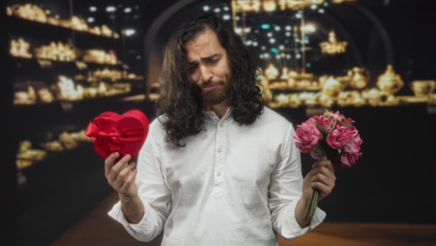 Man holding red heart box and pink bouquet in a museum gallery, offering both items with a hesitant expression; romantic hesitation.