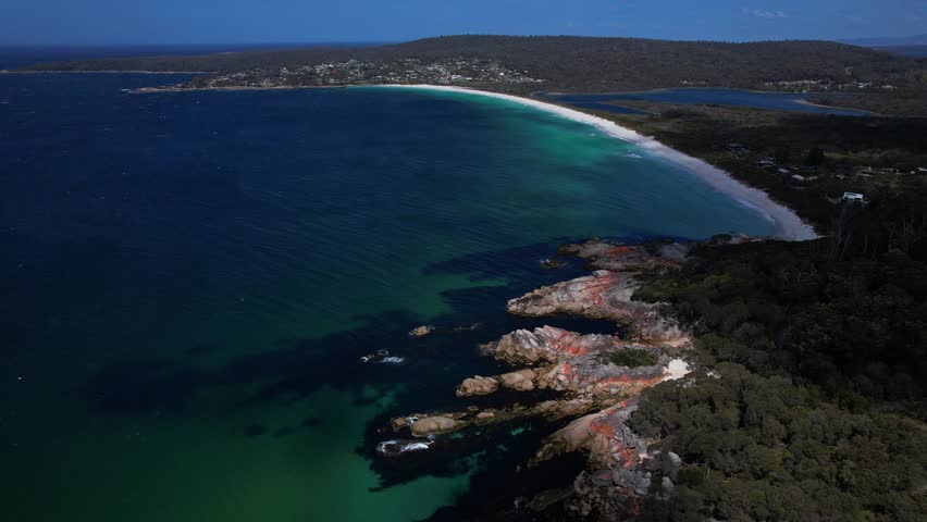 Baileys Beach, Binalong Bay, Tasmania, Australia - Aerial Pullback
