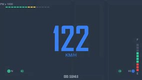 Dynamic digital car speedometer HUD animation rapidly increasing speed from 123 KMH to 142 KMH. Features RPM, fuel, and odometer display on a modern, dark interface. - Powered by Shutterstock - Get 15% off with code: PIKWIZARD15