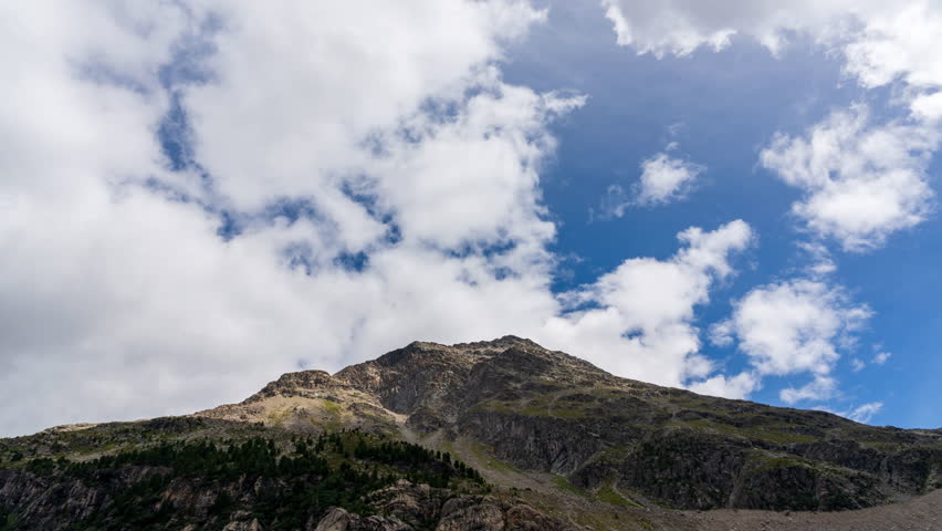 Swiss mountains under cloudy sky, peaceful and scenic outdoor view, timelapse