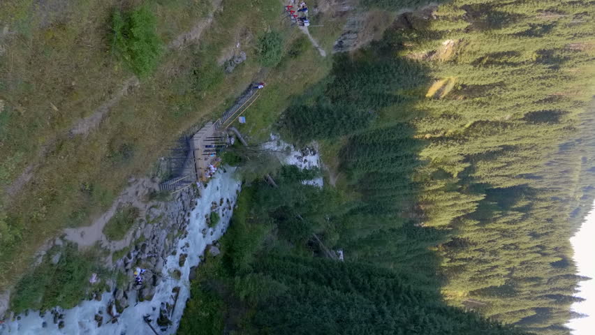 A turbulent stream of a Himalayan mountain river flows along rocky banks dotted with spruce, pine and shrubs, Vertical video
