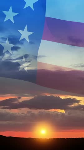 Veterans Day inscription on sunset or sunrise and USA flag background. Veterans Day, Memorial Day, Independence Day. USA celebration. Vertical video for social media and stories.