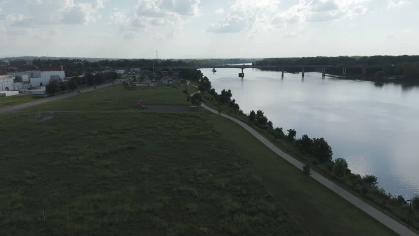 Harry E Kelley River Park along Arkansas River and West Fort Smith Bridge, establishing aerial