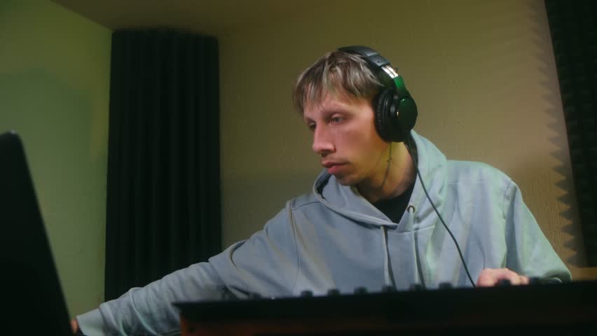 Creative man with headphones producing electronic music, playing a melody on a synthesizer keyboard while working on his new album track inside a professional soundproofed recording studio