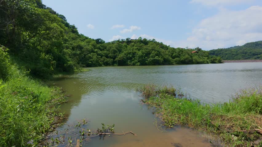 Man and woman enter shallow lake water near lush green hills in Jalisco, Mexico. Static wide shot.