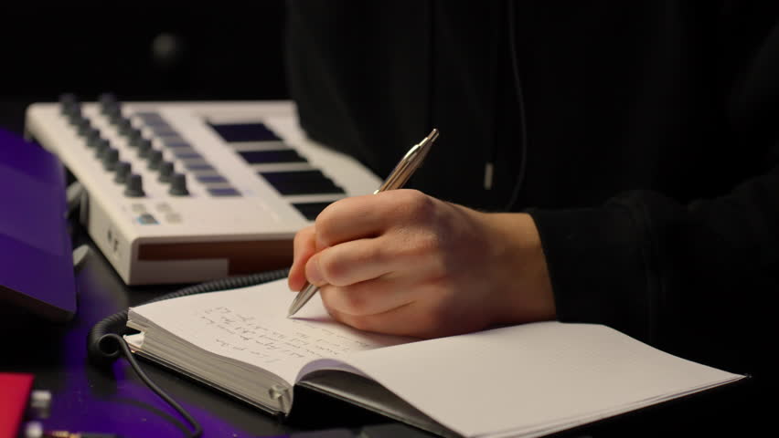 Close-up of Hands Writing Song Lyrics or Music Production Notes in a Notebook
