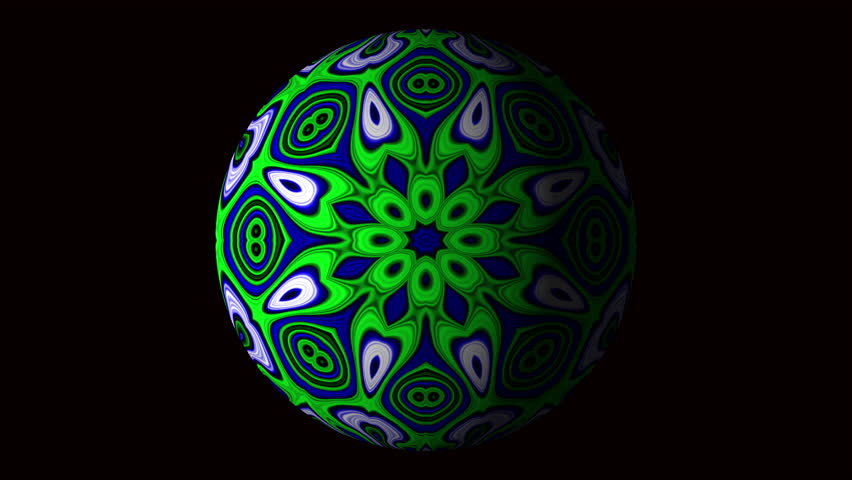 3D animation of moving colored textured balls
Glowing abstract mandala sphere in green and blue with organic geometric patterns.