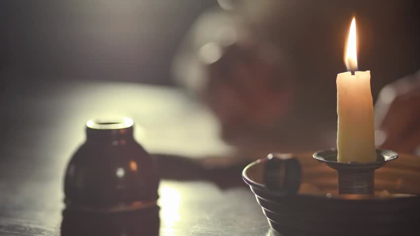 A backlit 18th-century man writes with a quill pen, capturing historical charm, candlelit ambiance, and authentic vintage handwriting in a detailed period setting.