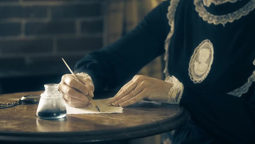 A Victorian-era woman writes elegantly with a dip pen, capturing historic charm and delicate handwriting in a softly lit period setting with authentic vintage detail.