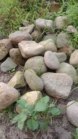 piles of natural stones with a background of bushy grass