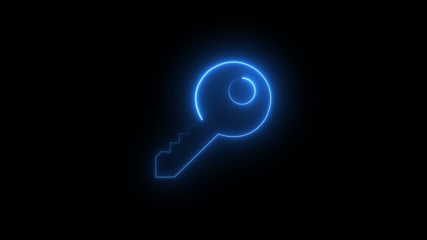 Neon glowing key animation. Glowing neon key animation displayed against a black digital safety, and protection on futuristic design, HD video motion graphic animation , magenta color sign symbol .