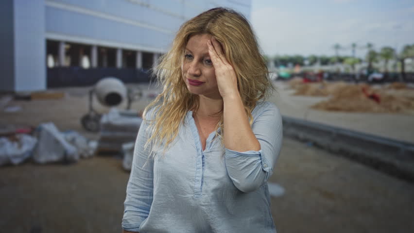 Woman with hand on forehead touching temple at building construction site in daylight; frustration fatigue.