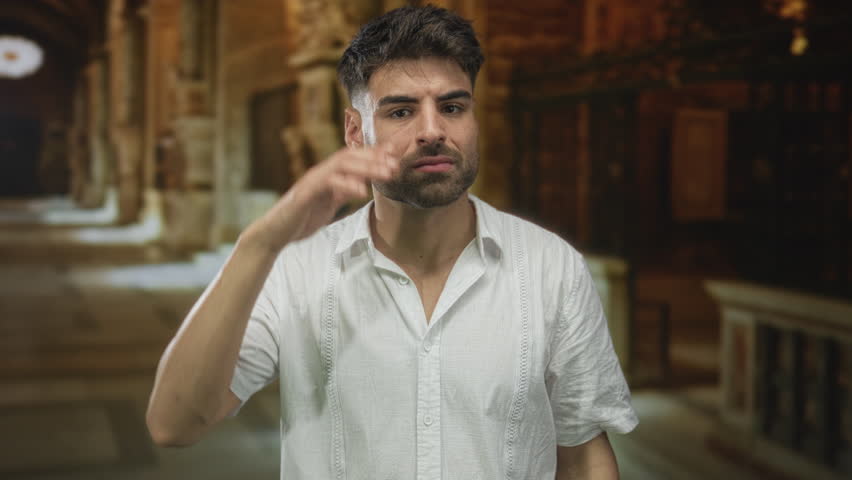 Man presses hand to ear inside historic building listening intently to distant echoes and gazes forward; curiosity.