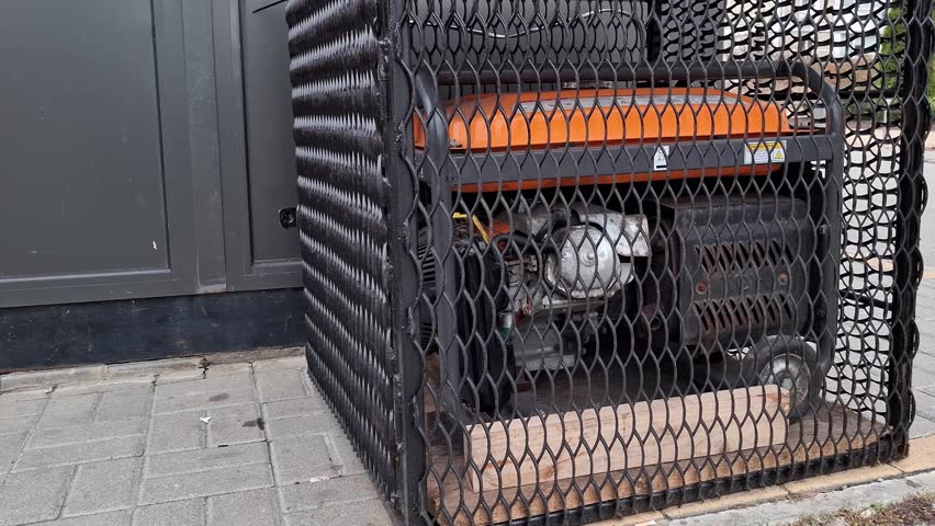 Diesel or gasoline power generator at work. Generator stand at the street and works during power outages. Video with sound