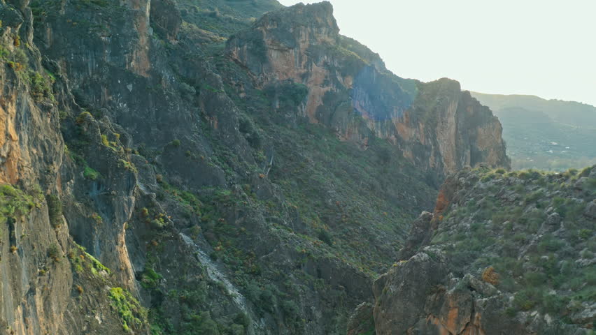 Drone panoramic mountains landscape aerial view of Sierra Nevada in Europe Spain canyon green cliffs high rocks long bridge river waterfall inspired summer nature outdoors traveling outdoor travel