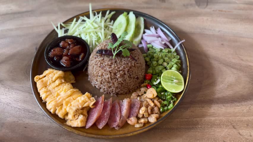 Thai shrimp paste fried rice on a plate