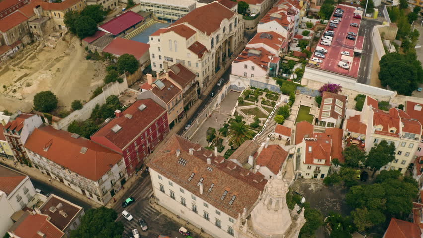 Historic aerial view Lisbon old town historical city with Monastery of Sao Vicente de Fora traditional red rooftops showcasing Portuguese architecture travel heritage destination in Portugal buildings