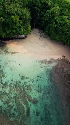 Vertical drone view over a hidden tropical cove with clear turquoise water exposed coral rocks soft sand shoreline tall jungle cliffs and two people standing quietly in shallow calm lagoon.
