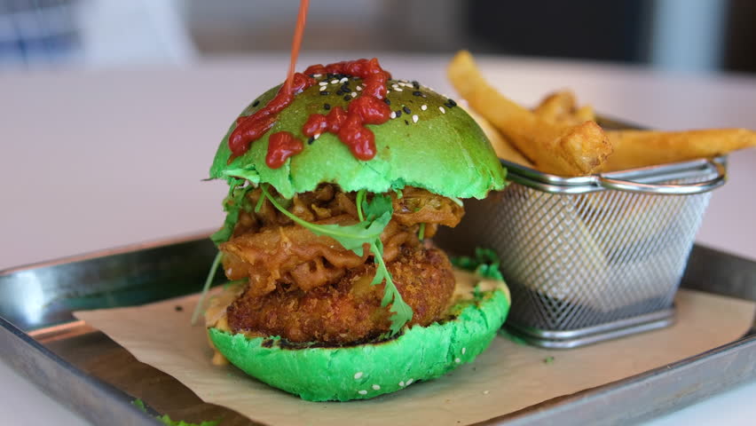 Green burger fries lot of ketchup