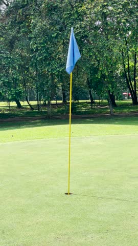 Putting Green Golf Course Close-Up — Portrait View of Golf Field with Hole and Flag