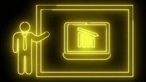 Glowing yellow neon icon of a person presenting declining graph on a laptop. - Powered by Shutterstock - Get 15% off with code: PIKWIZARD15
