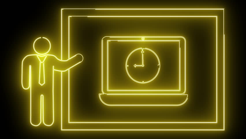Glowing neon image of a person presenting a clock on a laptop screen.
