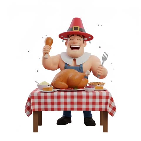 3D Thanksgiving farmer sitting at a table enjoying a turkey meal. Perfect for harvest festival, seasonal stories, food promotions, and celebration scenes.