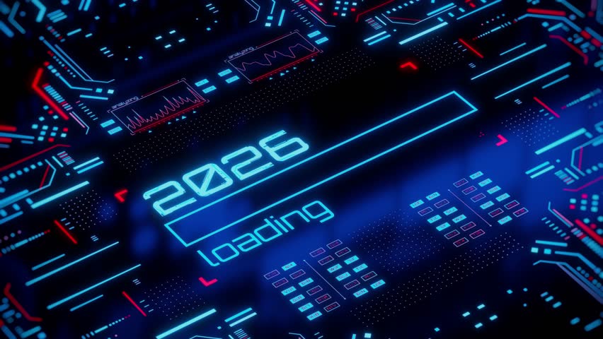 2026 new year progress bar on digital lcd display with reflection. Concept of new year, annual plan, growth strategy, business planning, investment trends and strategy road map.