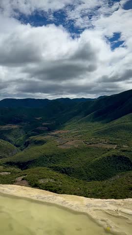 Cream-Colored Mineral Pool and Shallow Pools of Water Above Green Valley (Hierve el Agua, Oaxaca, Mexico)