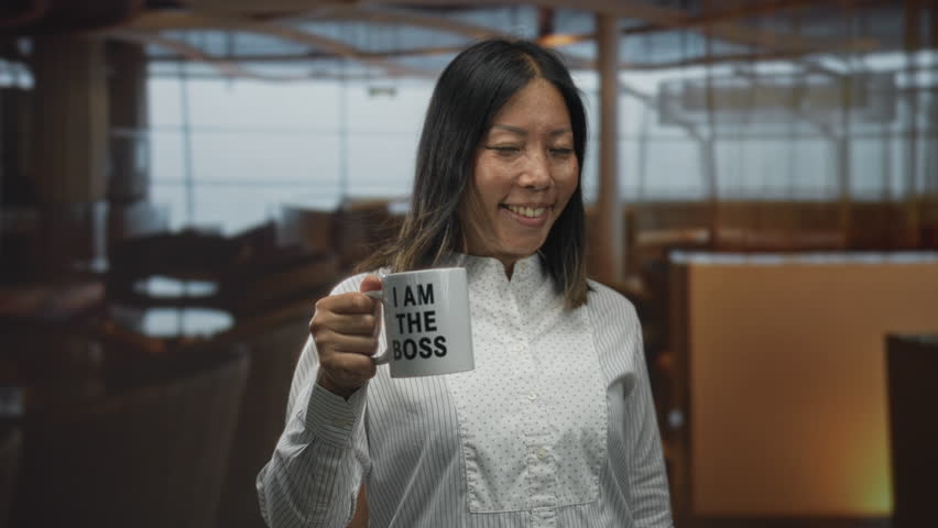 Woman holds mug that reads i am the boss in restaurant building while smiling and extending the mug forward; quiet confidence.